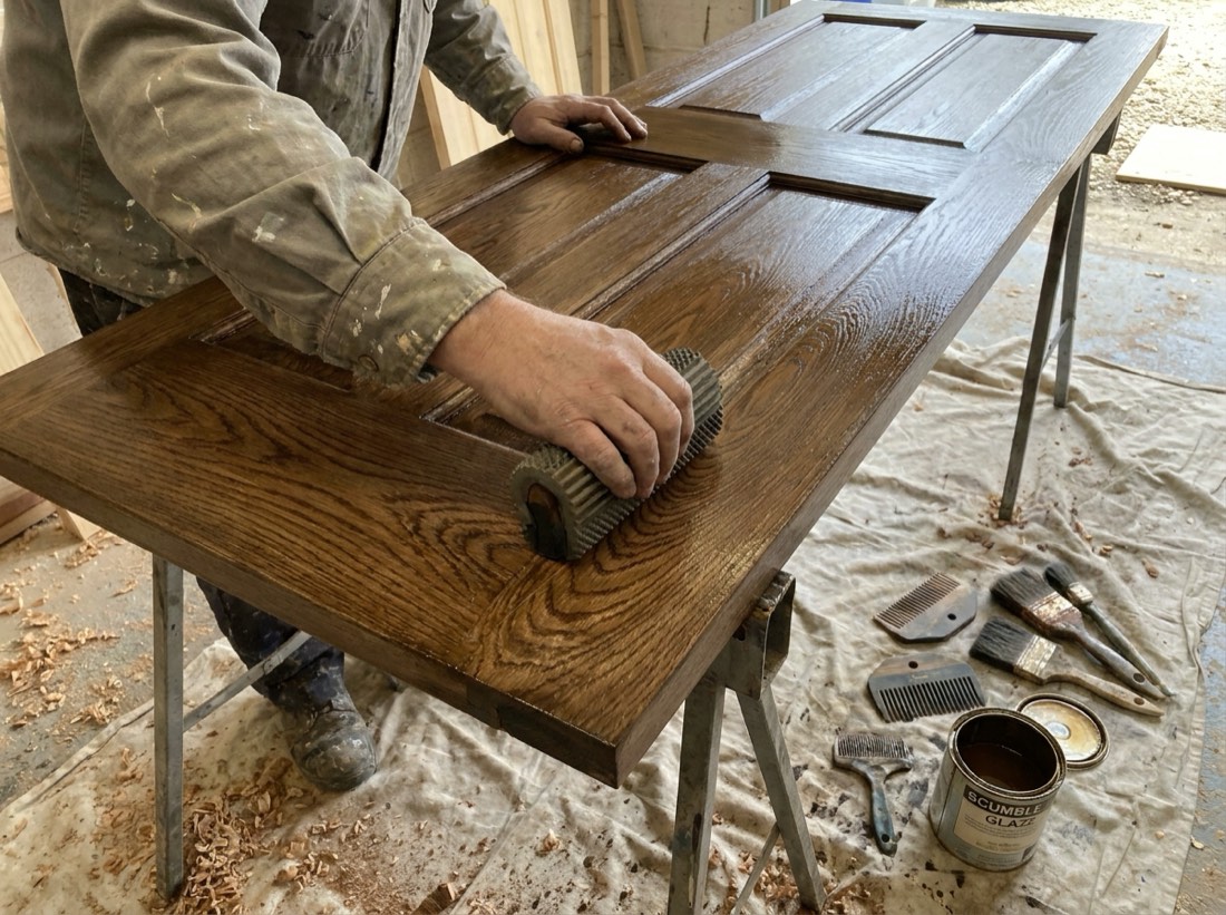 Decorator's hands drawing oak grain into wet glaze on a panelled door with a graining roller