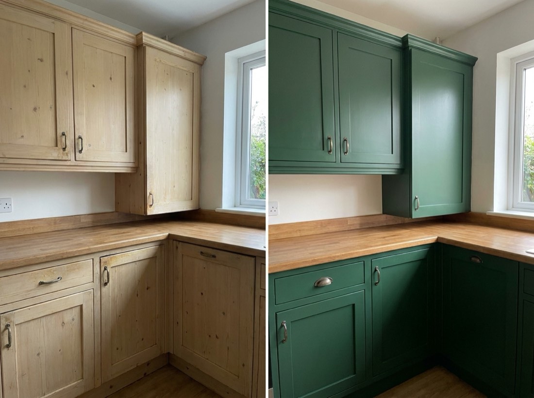 Before and after of kitchen cupboards: pale pine on the left, painted deep green on the right