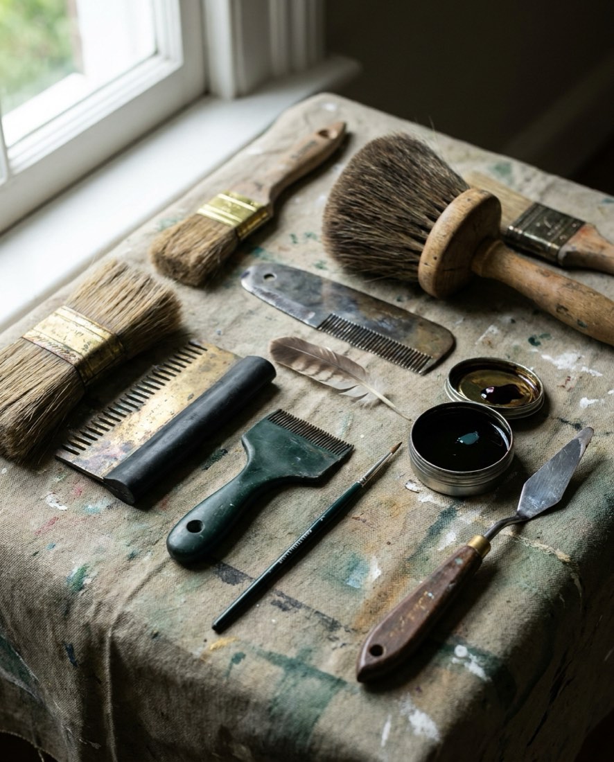 Decorator's graining combs, softening brushes, a feather and glaze laid out on a dust sheet
